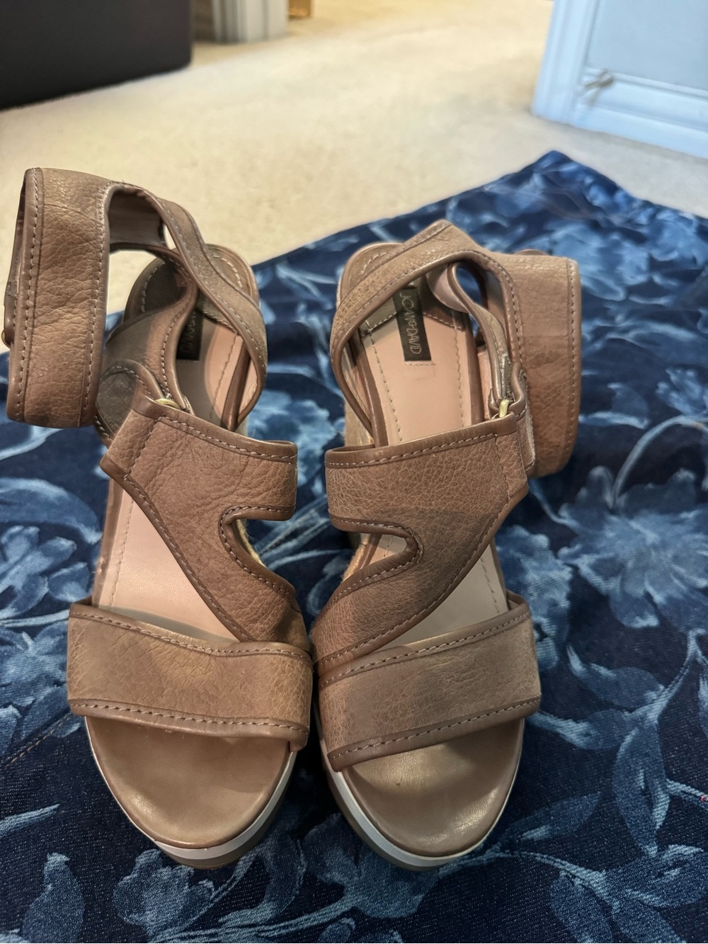 Joan & David Tan Leather Wedge Sandals